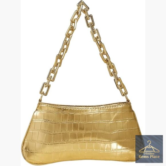 Handbags - Gold Metallic Shoulder Bag Evening Party Mini Clutch Purse Chain Zipper